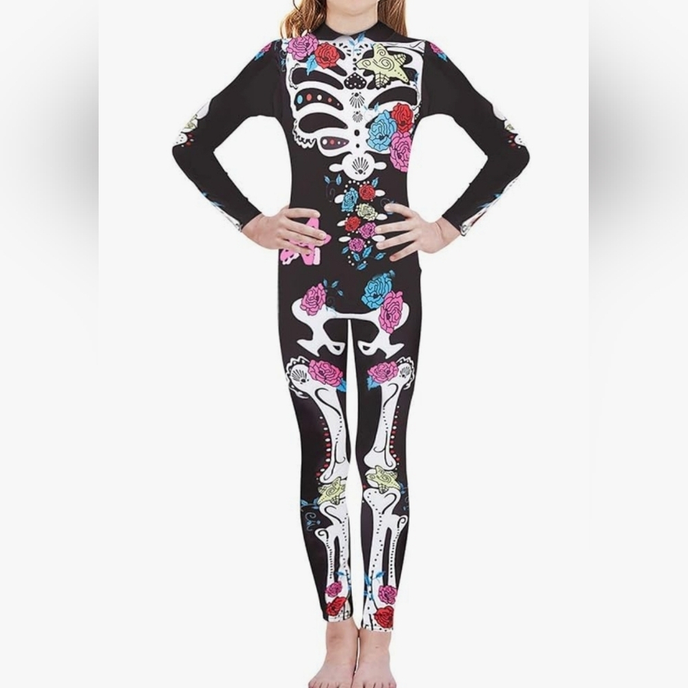 RAISEVERN Girls Skeleton Costume Kids Halloween Cosplay Jumpsuit Bodysuit 3D